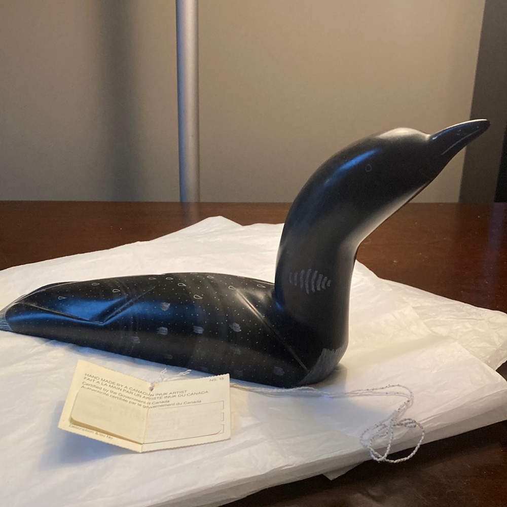 Large Loon Soapstone Inuit Art Sculpture Hand
Carved by Joanaasie Udluarsk 1996